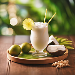 Vibrant, high-resolution piña colada image, perfect for menus, social media posts, and advertisements. Ideal for adding a refreshing tropical touch to your designs.