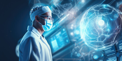 Surgeon working in high-tech Laboratory surrounded by AI  