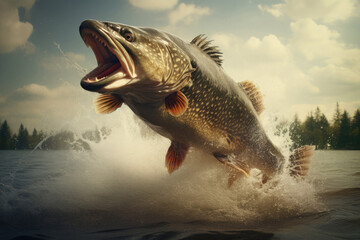 Pike fish jumps out of the water of a river or lake on a green forest background. - obrazy, fototapety, plakaty