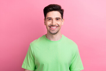 Photo of cheerful successful man dressed fashionable clothes isolated on pink color background