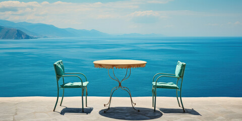 Fototapeta na wymiar Empty table and chairs overlooking beach turquoise ocean in the background
