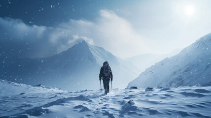 A lonely climber walking through the snow towards the peak of a large mountain in the background.