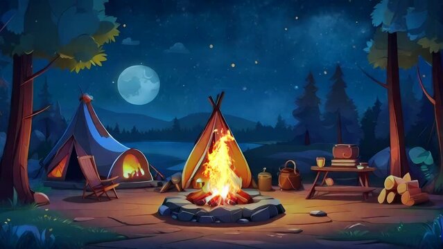 camping in the night, seamless looping video animated background