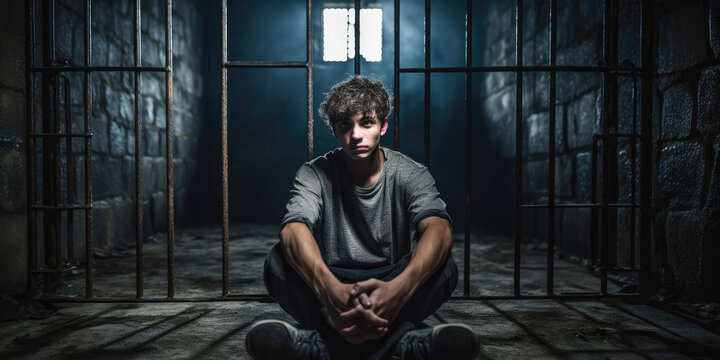 Teenager behind bars, looking sad 