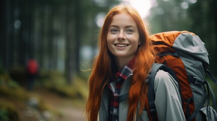 Fototapeta premium Caucasian ginger young beautiful female backpacker traveling alone in forest.