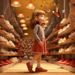 3d of cute girl in shoes store  - obrazy, fototapety, plakaty