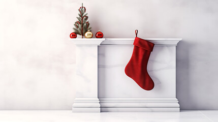 Christmas stocking hanging with xmas tree and balls on a white wall background.