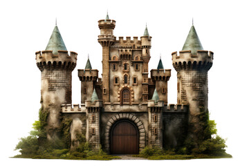Medieval castle surrounded trees, isolated on a transparent background, png file. - obrazy, fototapety, plakaty
