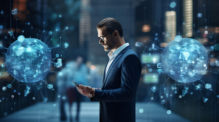 Man using tools AI. technology smart robot science and artificial intelligence technology, and innovation futuristic and global connection for providing access to information and data online network