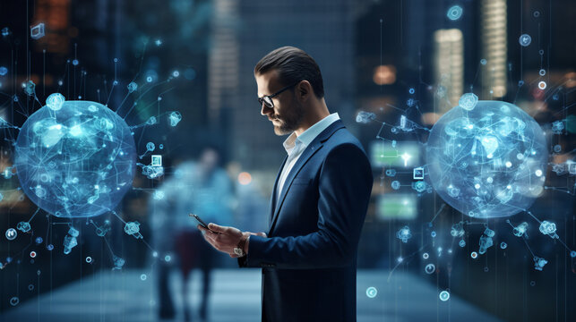 Man using tools AI. technology smart robot science and artificial intelligence technology, and innovation futuristic and global connection for providing access to information and data online network