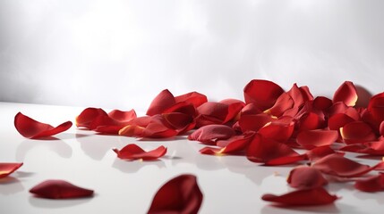  a white table topped with lots of red petals of petals.  generative ai