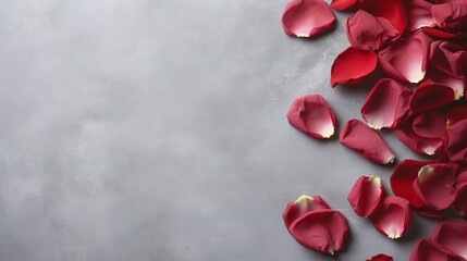  a bunch of red petals on a gray background with space for text.  generative ai