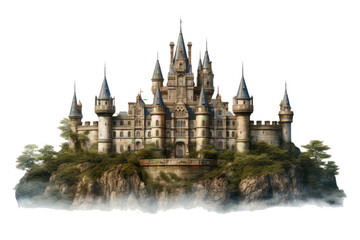 Obraz premium Medieval castle on a big rock, isolated on a transparent background, png file.