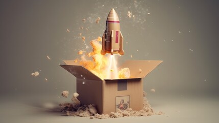  a rocket is flying out of a cardboard box on fire.  generative ai - obrazy, fototapety, plakaty