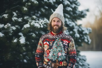 Happy man wearing in fun ugly Christmas sweater. Outdoors. Snowy winter. Day of ugly Christmas sweater. - obrazy, fototapety, plakaty