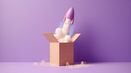  a cardboard box with a purple rocket launching out of it.  generative ai