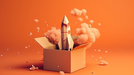  a cardboard box with a rocket in it on an orange background.  generative ai - obrazy, fototapety, plakaty