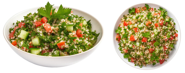 Collection of two tabouli salads with parsley and bulgur isolated on white background - obrazy, fototapety, plakaty