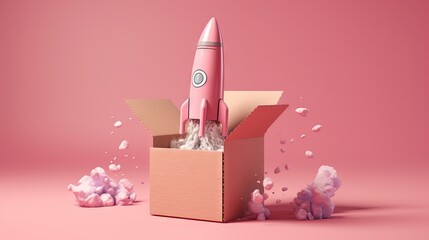  a pink rocket launching out of a cardboard box on a pink background.  generative ai