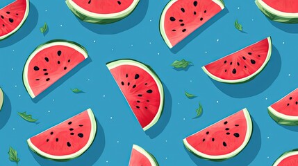  watermelon slices on a blue background with leaves and dots.  generative ai