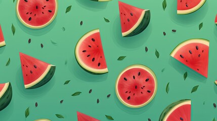  watermelon slices and leaves on a green background with leaves.  generative ai