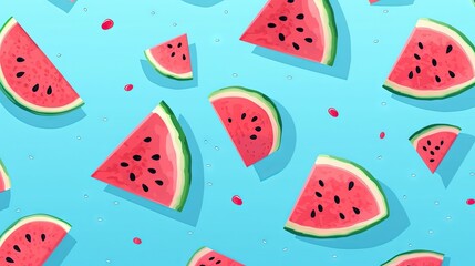  watermelon slices on a blue background with drops of water.  generative ai