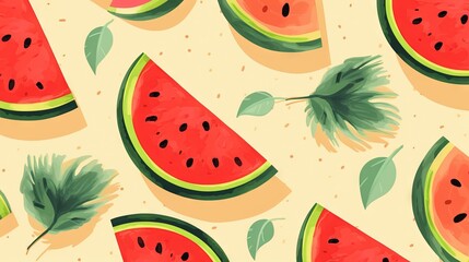  a watermelon pattern with green leaves and a slice of watermelon.  generative ai