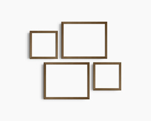 Gallery wall mockup set, 4 dark brown walnut wood frames. Clean, modern, and minimalist frame mockup. Two horizontal frames and two square frames, 14x11 (14:11), 8x8 (1:1) inches. White wall.