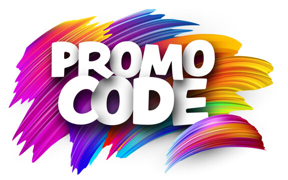 Promo code paper word sign with colorful spectrum paint brush strokes over white. Vector illustration.