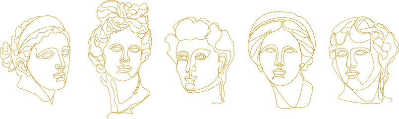 Gold one line art set of Greece sculptures,  y2k, retro