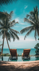 Fototapeta premium Luxury resort with beach chairs and Palm on a Sunny day and sky with clouds in the background