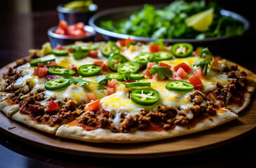 Mexican Pizza, with toppings like seasoned ground beef or chicken, beans, cheese, jalape&ntilde;os, and salsa