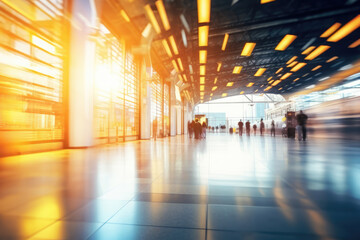 Abstract blur defocused background. People walking in modern train, bus station, airport departure hall