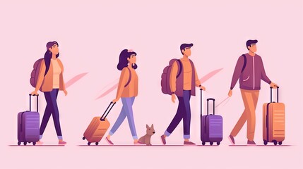  a group of people walking with luggage and a dog on a leash.  generative ai
