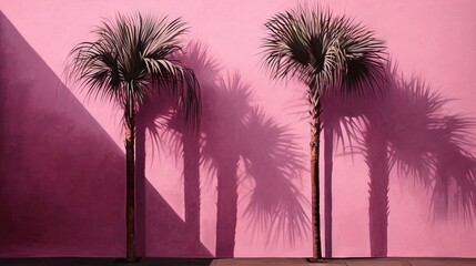  a pink wall with three palm trees in front of it.  generative ai