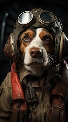 Fototapeta na wymiar Portrait of a Cute and Curious Black Brown and White Beagle dressed up as a Pilot Sitting in a simple Black Room.