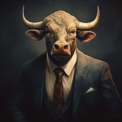 businessman with bull head, stock market, in the stock market bullish gains metaphor for stock exchange growth in finance wealth. 