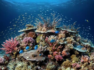 Fototapeta na wymiar A Coral Reef With Many Colorful Fish Swimming Around It