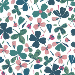 Seamless pattern. Gouache technique. Clover leaves and ladybugs.