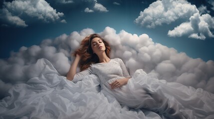 Fototapeta na wymiar A Beautiful Model Lying in a Bunch of White Fake Clouds . A Pretty Woman Sleeping in A Blue Room full of Couds.