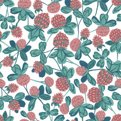 Seamless pattern. Gouache technique. Clover flowers and leaves.
