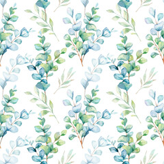 Seamless watercolor floral pattern with eucalyptus greenery, leaves, branches. Eucalyptus background for wallpapers, postcards, greeting cards, wedding invites, textile, events. Floral Watercolor