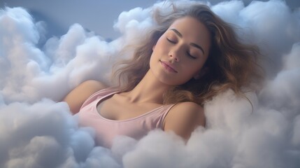 A Beautiful Model Lying in a Bunch of White Fake Clouds . A Pretty Woman Sleeping in A Blue Room full of Couds.