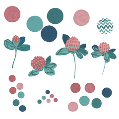 Flower, petals and leaves of clover.Circles. Gouache illustration. Isolated objects on a white background.