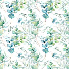 Seamless watercolor floral pattern with eucalyptus greenery, leaves, branches. Eucalyptus background for wallpapers, postcards, greeting cards, wedding invites, textile, events. Floral Watercolor