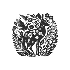 Abstract linocut flowers with magic, girls and mystical in ornate rural folk scandinavian style. Hand drawn Illustration, Linocut Blockprint.