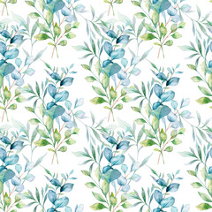 Seamless watercolor floral pattern with eucalyptus greenery, leaves, branches. Eucalyptus background for wallpapers, postcards, greeting cards, wedding invites, textile, events. Floral Watercolor