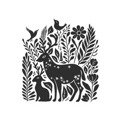 Abstract linocut flowers with magic, girls and mystical in ornate rural folk scandinavian style. Hand drawn Illustration, Linocut Blockprint.