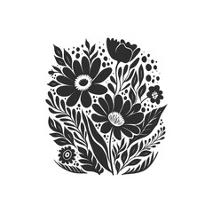 Abstract linocut flowers with magic, girls and mystical in ornate rural folk scandinavian style. Hand drawn Illustration, Linocut Blockprint.