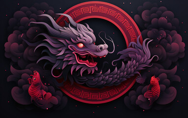 New Year banner, poster, banner, Chinese New Year 2024, Year of the Dragon. Dragon, with red, purple paper cut and craft style on black color background. Vector illustration
